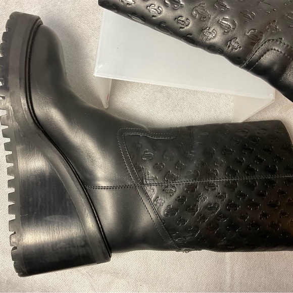 Jimmy Choo Monogram Embossed Leather Wedge Boots- Black- Barely Worn- Size 37.5 - Picture 2 of 14